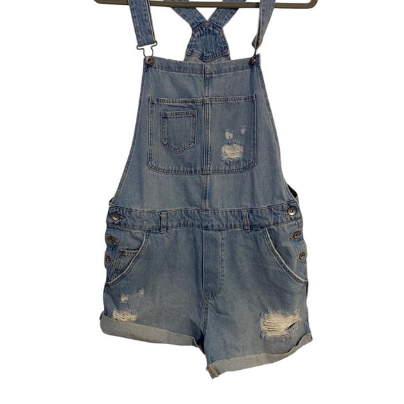 & Denim Overall Shorts Women's 10 Distressed Light Wash Denim Casual Y2K Comfy - Picture 1 of 15